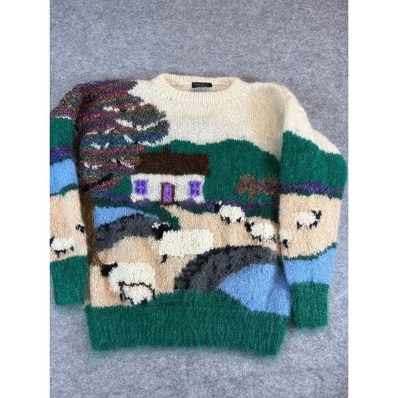 Selina Sweaters - Vintage Selina Knitwear Sweater Womens L Crewneck Mohair Hand Knit AOP Farmhouse